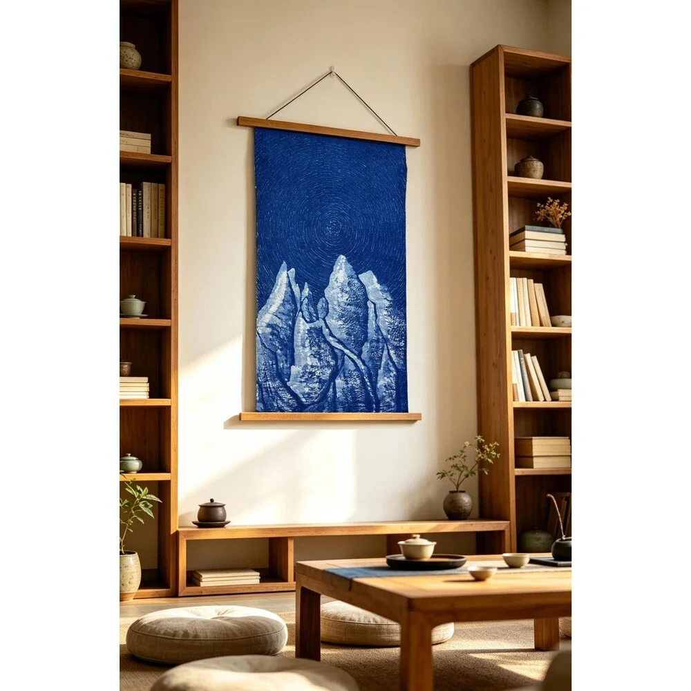Star Trail Mountain Wall Art | Handmade Indigo Batik Tapestry | Astronomy Gift